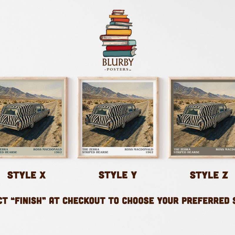 The Zebra Striped Hearse literary print in frame leaning in hallway – crime wall art