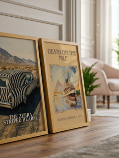 The Zebra Striped Hearse watercolour print framed by window – literary home decor