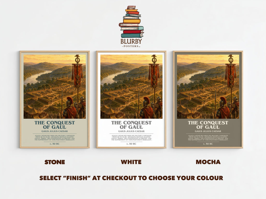 The Conquest Of Gaul bookish print framed by window – Stone, White and Mocha side by side – choose your colour