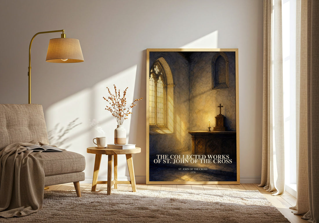 The Collected Works of St. John of the Cross watercolour print in frame leaning in hallway – poetry wall art