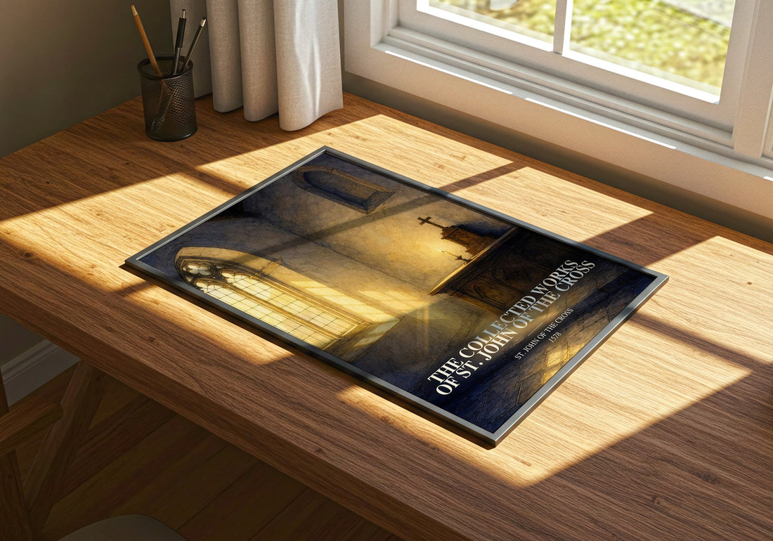 The Collected Works of St. John of the Cross watercolour book poster framed on wall – poetry wall art