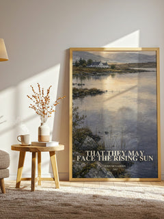 That They May Face the Rising Sun watercolour print in frame leaning in hallway – literary fiction wall art