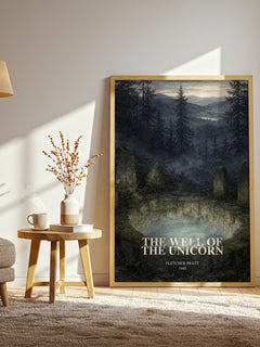 The Well Of The Unicorn watercolour print in frame leaning in hallway – fantasy wall art