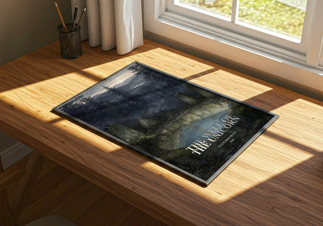 The Well Of The Unicorn watercolour book poster framed on wall – fantasy wall art