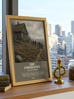 The Emigrants Bookish Wall Art by Vilhelm Moberg – framed print on a city-view windowsill