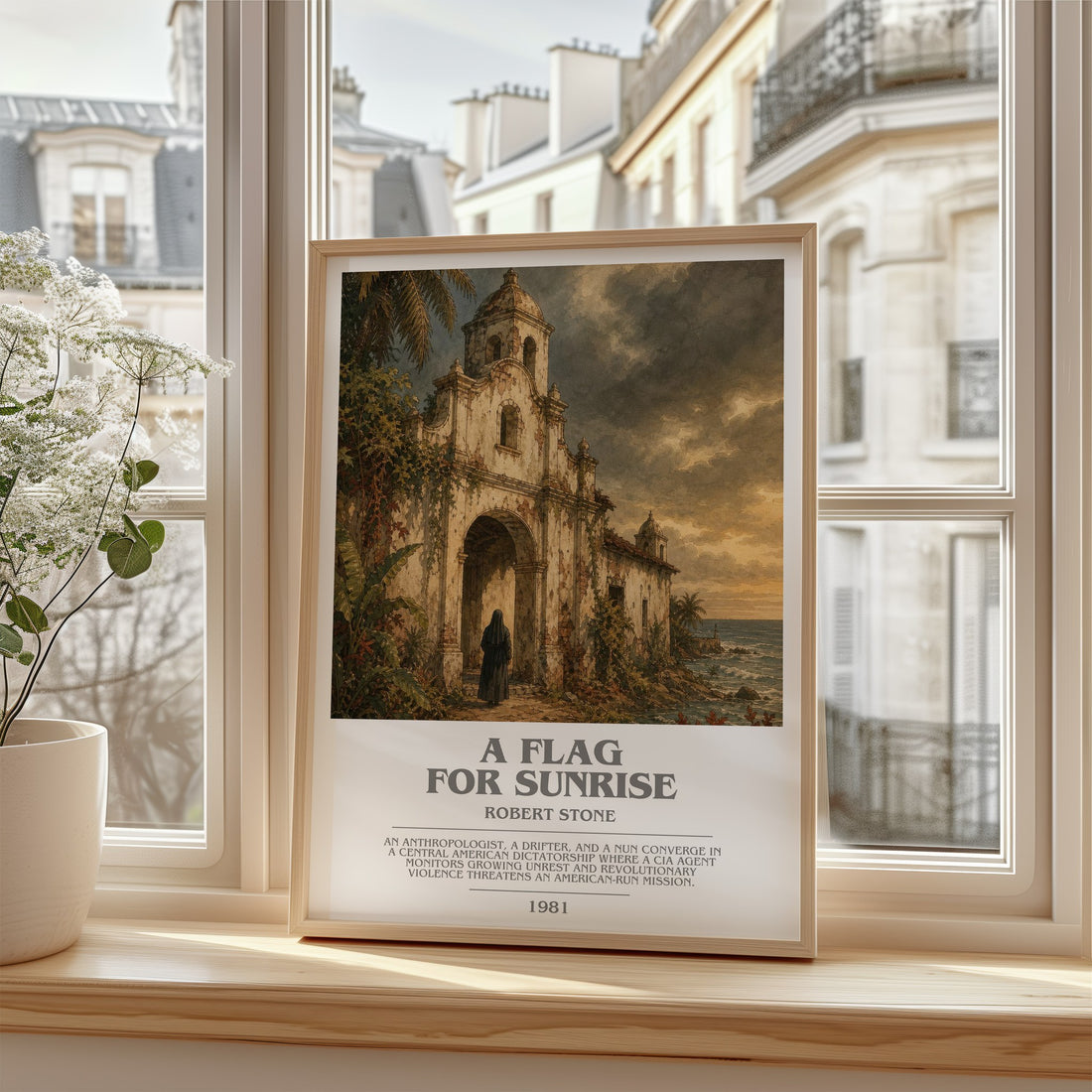 A Flag For Sunrise Bookish Wall Art by Robert Stone – framed print by a bright window
