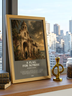 A Flag For Sunrise Bookish Wall Art by Robert Stone – framed print on a city-view windowsill