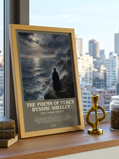 Poems of Percy Bysshe Shelley Bookish Wall Art by Percy Bysshe Shelley – framed print on a city-view windowsill