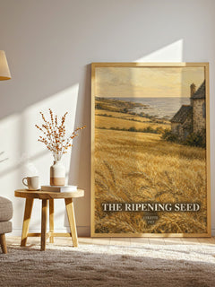 The Ripening Seed watercolour print in frame leaning in hallway – coming of age wall art