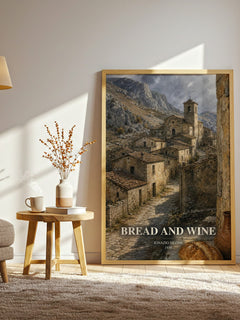 Bread And Wine watercolour print in frame leaning in hallway – literary fiction wall art