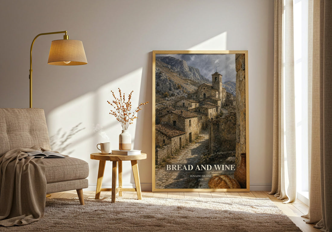 Bread And Wine watercolour print in frame leaning in hallway – literary fiction wall art