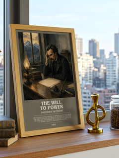 The Will To Power Bookish Wall Art by Friedrich Nietzsche – framed print on a city-view windowsill