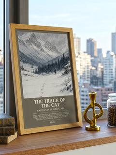 The Track Of The Cat Bookish Wall Art by Walter Van Tilburg Clark – framed print on a city-view windowsill
