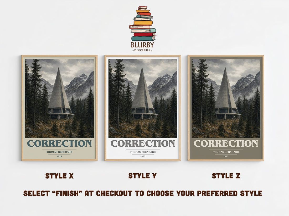 Correction book cover print in frame leaning in hallway – literary fiction wall art (mockup)