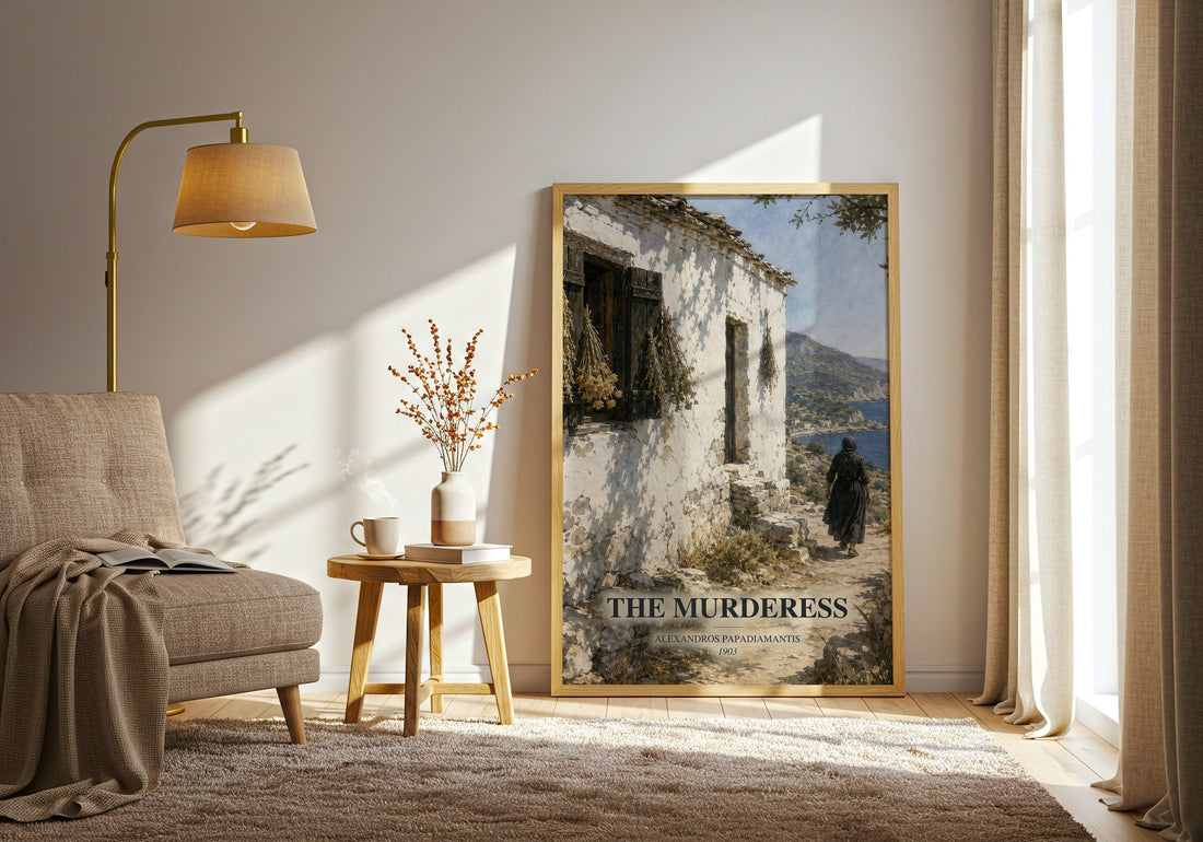 The Murderess watercolour print in frame leaning in hallway – literary fiction wall art