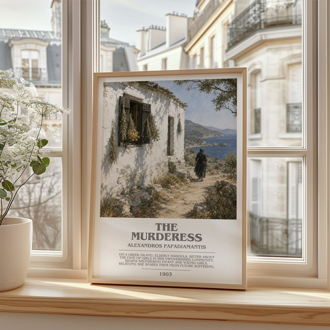 The Murderess Bookish Wall Art by Alexandros Papadiamantis – framed print by a bright window