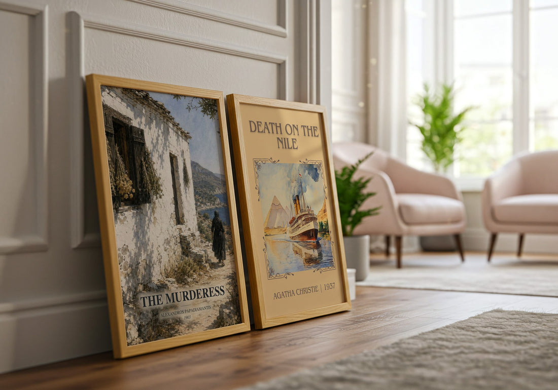 The Murderess watercolour print framed by window – literary home decor