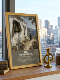The Murderess Bookish Wall Art by Alexandros Papadiamantis – framed print on a city-view windowsill