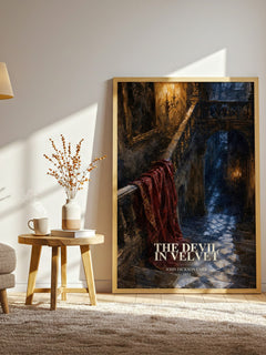The Devil In Velvet watercolour print in frame leaning in hallway – mystery wall art