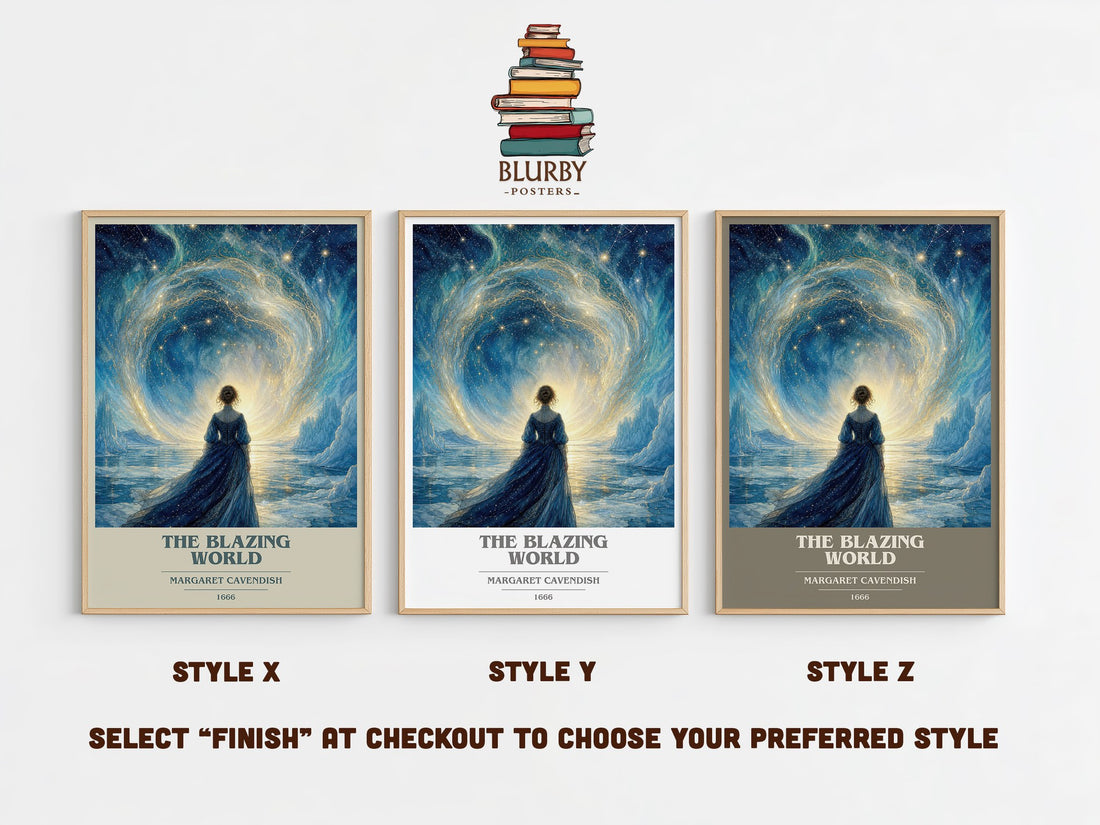 The Blazing World book cover print in frame leaning in hallway – sci fi wall art (mockup)