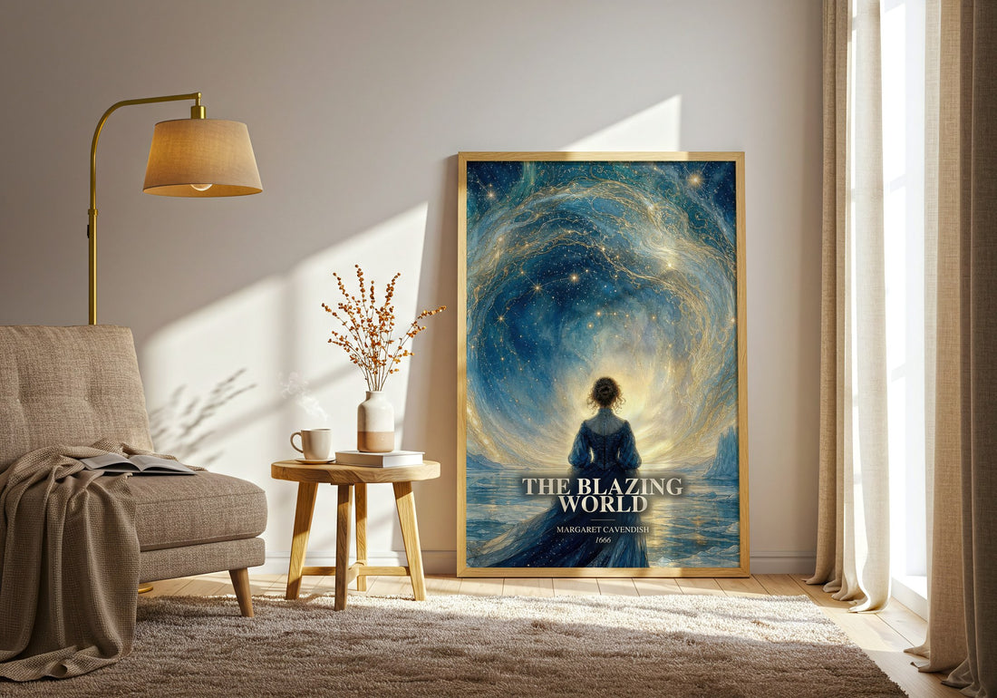The Blazing World watercolour print in frame leaning in hallway – sci fi wall art