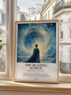 The Blazing World Bookish Wall Art by Margaret Cavendish – framed print by a bright window
