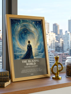 The Blazing World Bookish Wall Art by Margaret Cavendish – framed print on a city-view windowsill