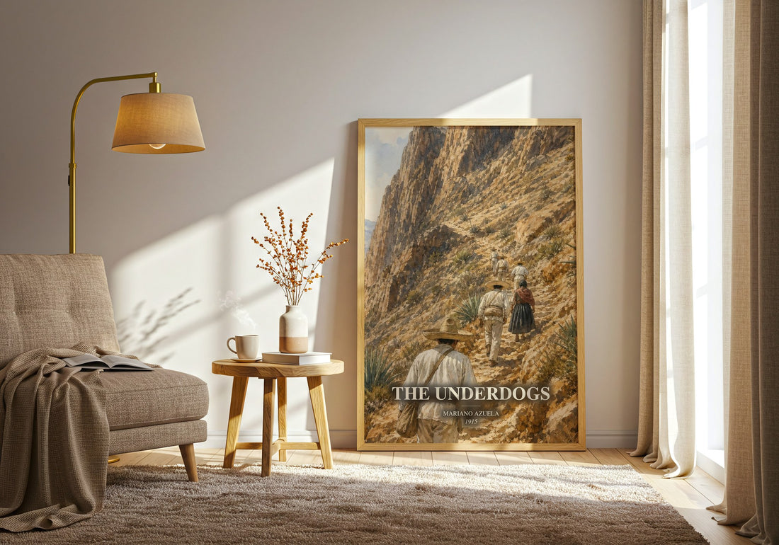 The Underdogs watercolour print in frame leaning in hallway – historical fiction wall art
