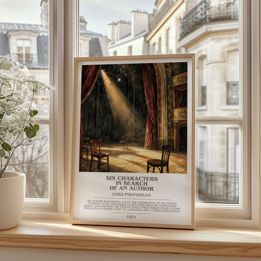 Six Characters in Search of an Author Bookish Wall Art – L. Pirandello – framed print by a bright window