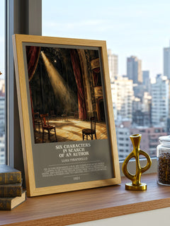 Six Characters in Search of an Author Bookish Wall Art – L. Pirandello – framed print on a city-view windowsill