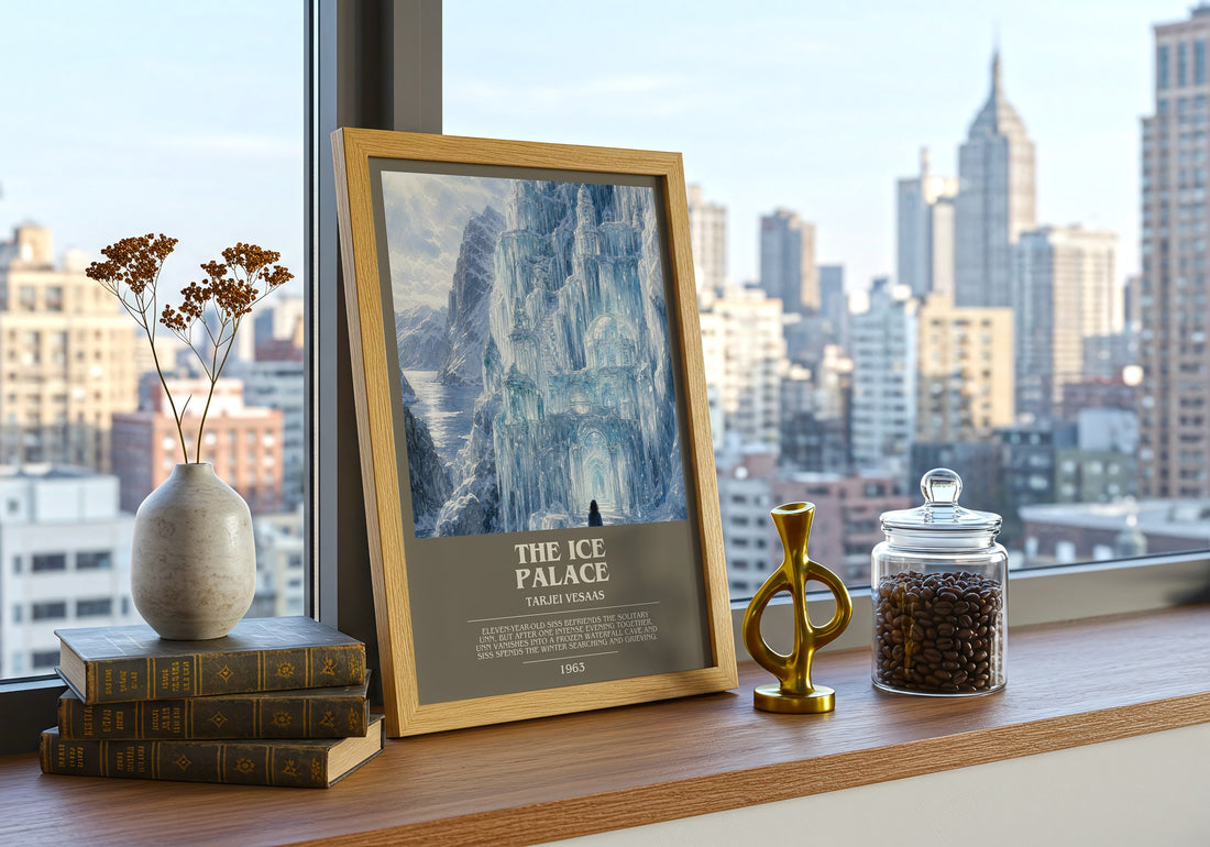The Ice Palace Bookish Wall Art by Tarjei Vesaas – framed print on a city-view windowsill