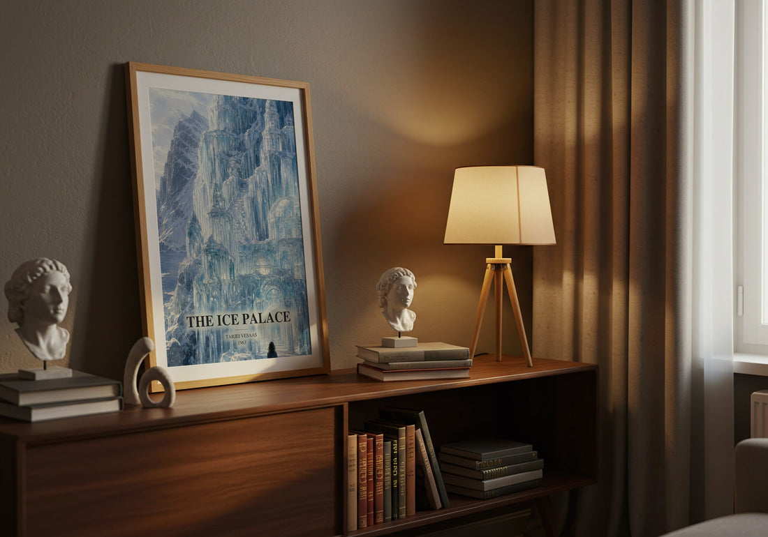 The Ice Palace watercolour print on bookshelf – Tarjei Vesaas fan gift