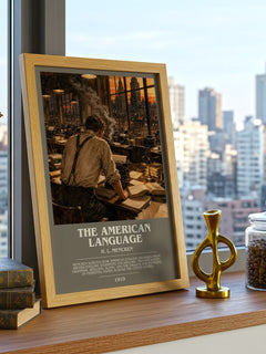 The American Language Bookish Wall Art by H. L. Mencken – framed print on a city-view windowsill