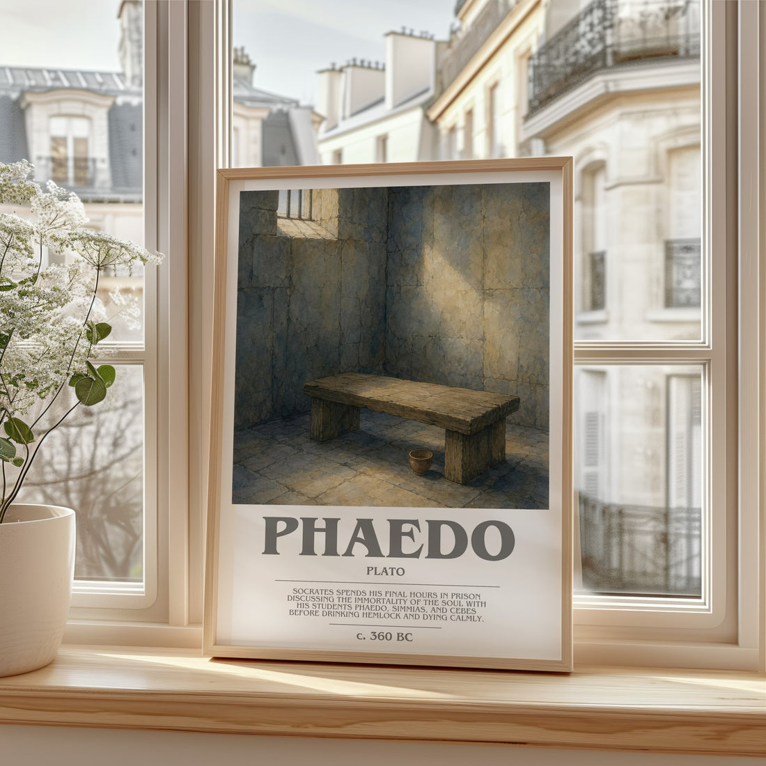Phaedo bookish print in frame leaning in hallway – philosophy wall art