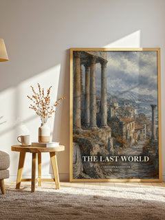 The Last World watercolour print in frame leaning in hallway – literary fiction wall art
