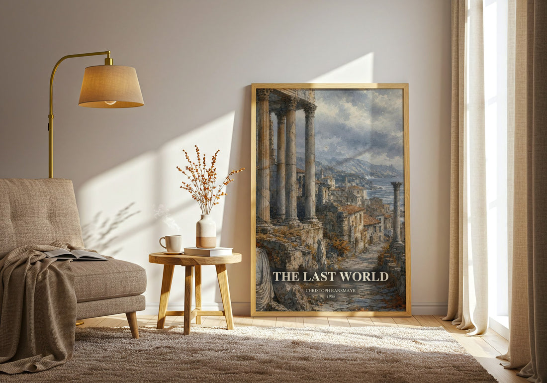 The Last World watercolour print in frame leaning in hallway – literary fiction wall art