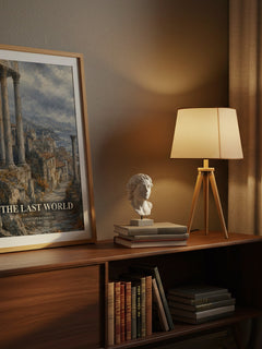 The Last World watercolour print on bookshelf – Christoph Ransmayr fan gift