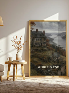 World's End watercolour print in frame leaning in hallway – historical fiction wall art