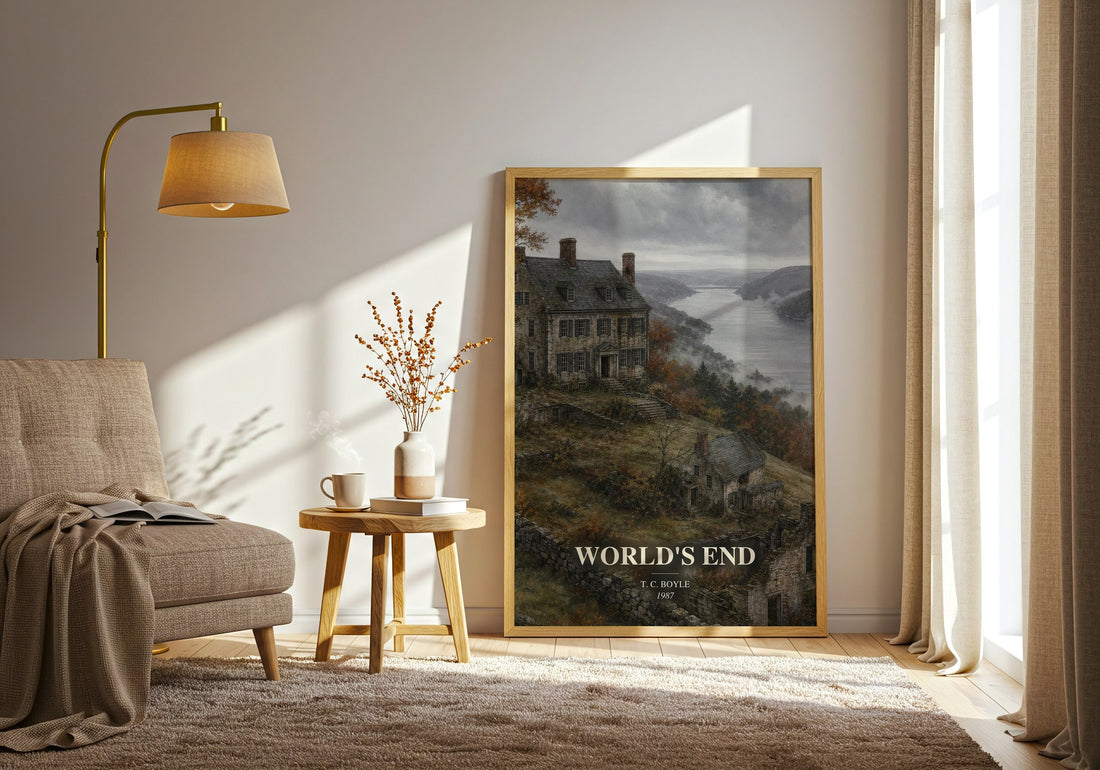 World's End watercolour print in frame leaning in hallway – historical fiction wall art