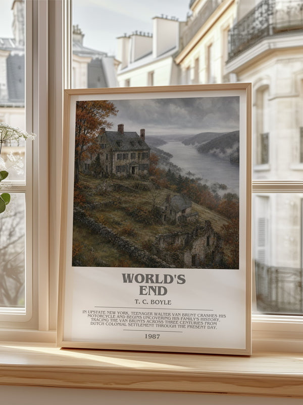 World's End Bookish Wall Art by T. C. Boyle – framed print by a bright window
