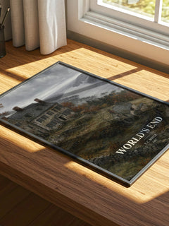 World's End watercolour book poster framed on wall – historical fiction wall art