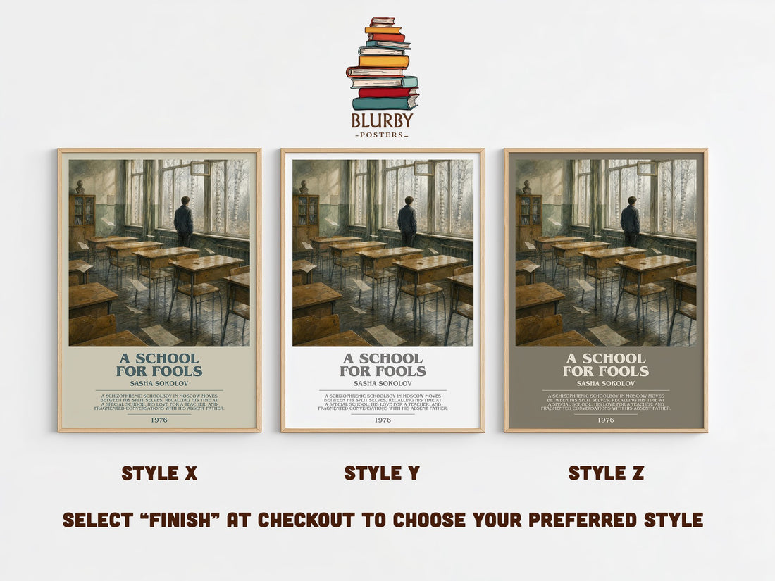 A School For Fools Bookish Wall Art by Sasha Sokolov – Style X, Y and Z side by side – choose your finish