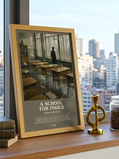 A School For Fools Bookish Wall Art by Sasha Sokolov – framed print on a city-view windowsill