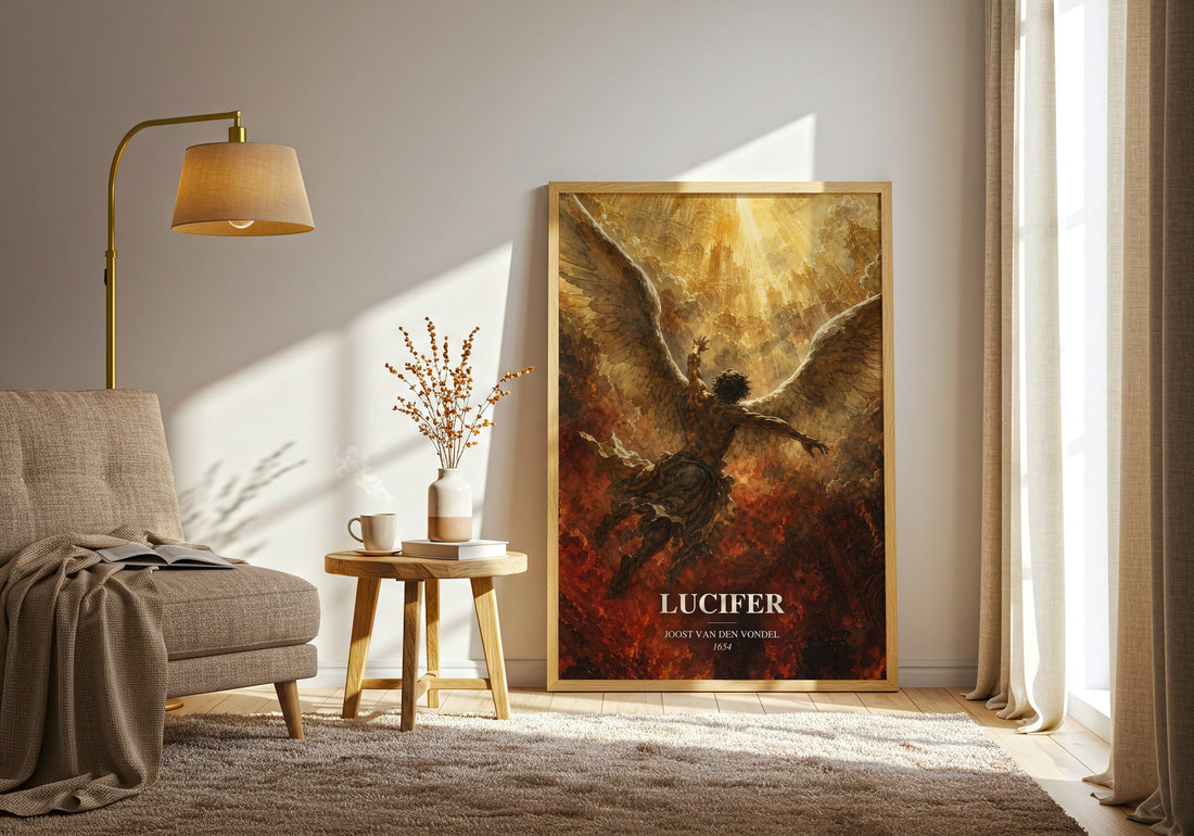 Lucifer watercolour print in frame leaning in hallway – classic literature wall art