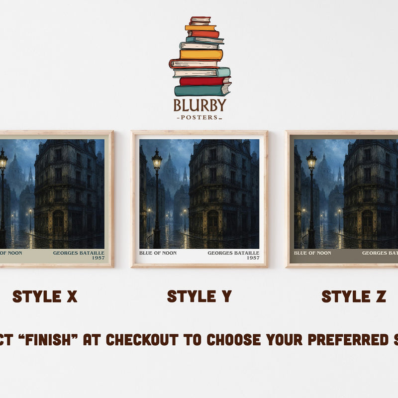Blue of Noon literary print in frame leaning in hallway – literary fiction wall art