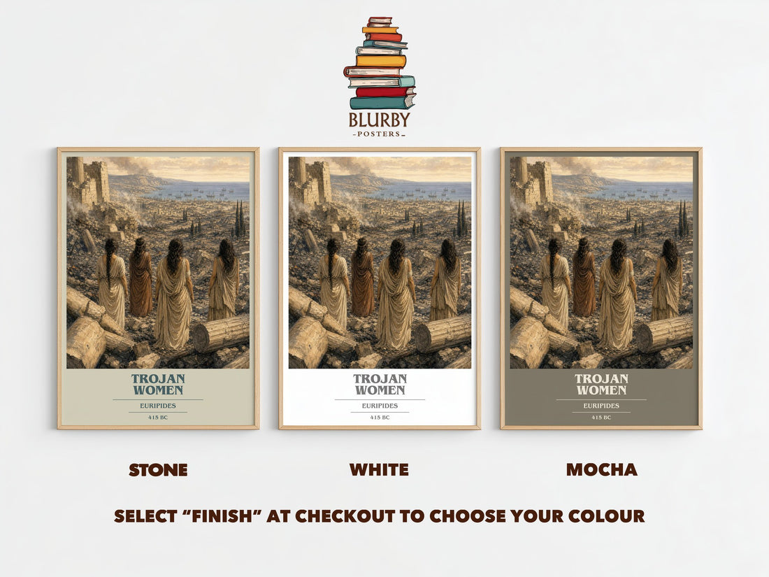 Trojan Women book cover print framed by window – Stone, White and Mocha side by side – choose your colour