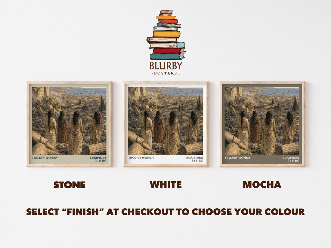 Trojan Women literary print framed by window – Stone, White and Mocha square prints side by side – choose your colour