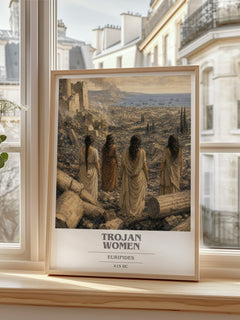 Trojan Women book cover print in frame leaning in hallway – classic literature wall art