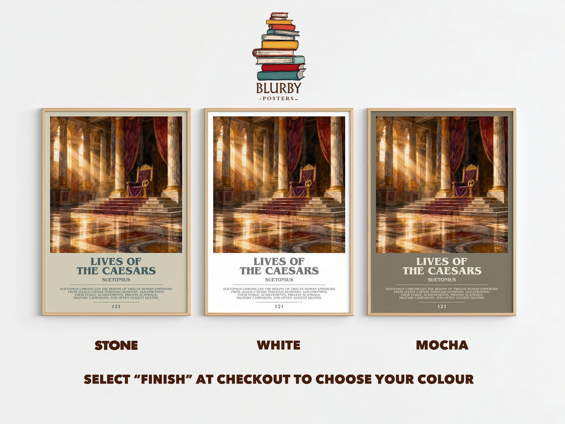 Lives of the Caesars bookish print framed by window – Stone, White and Mocha side by side – choose your colour