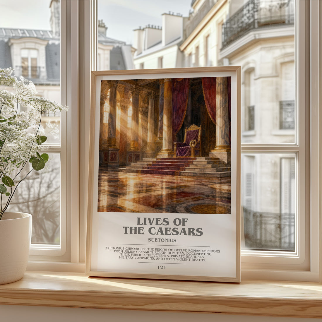 Lives of the Caesars bookish print in frame leaning in hallway – non fiction wall art